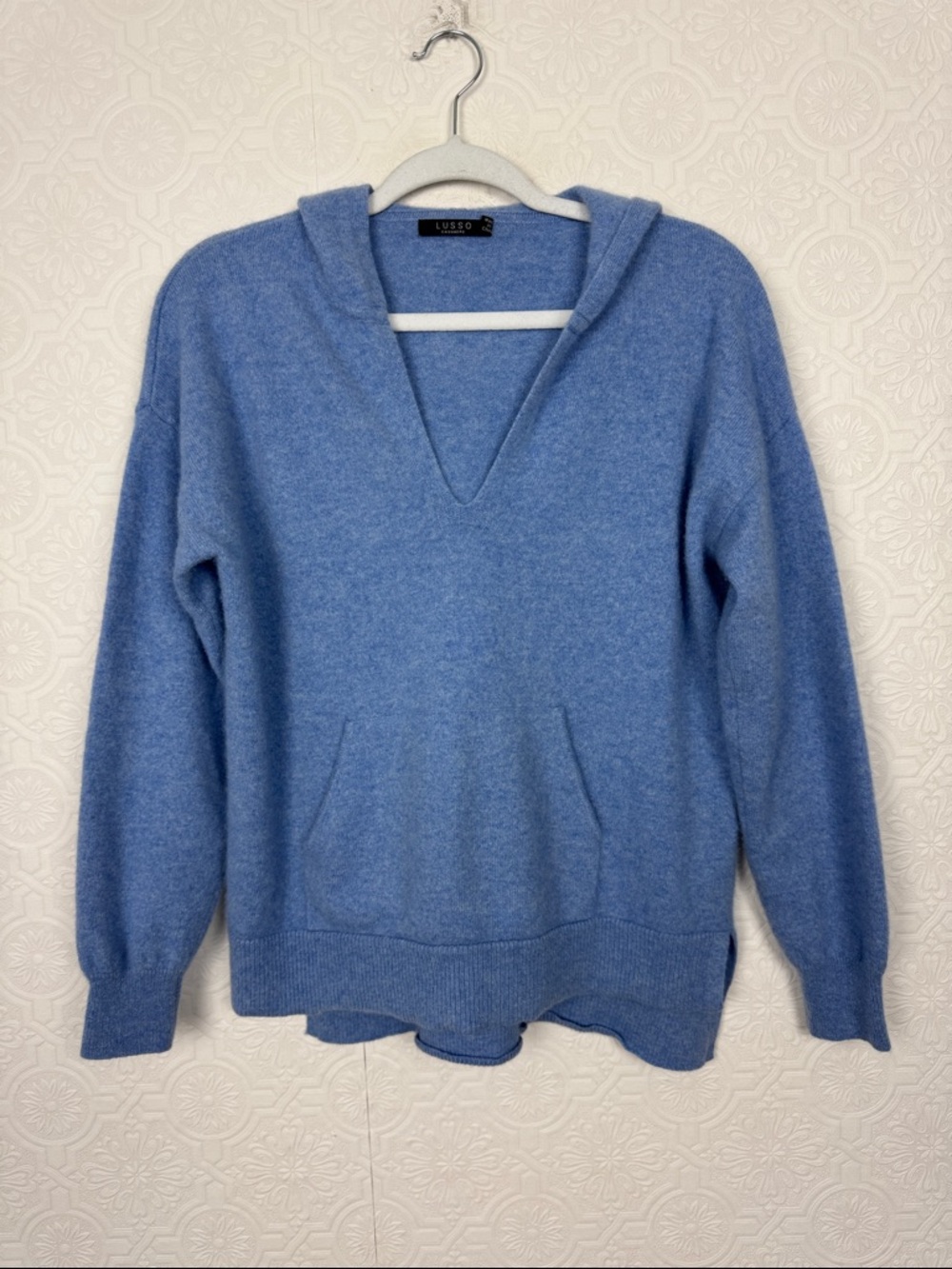 Lusso 100% Cashmere Hoodie Sweater Blue Pullover Hooded Medium